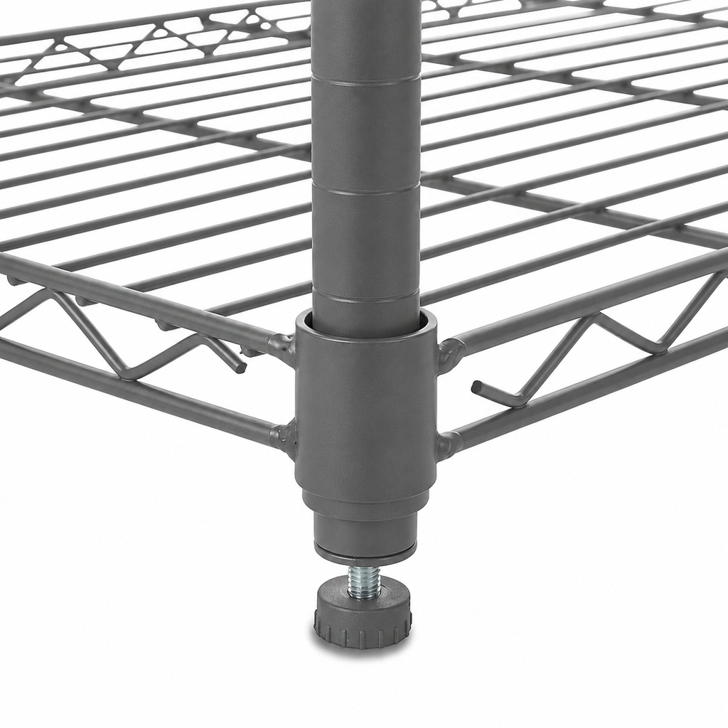Close-up of a carbon grey metal wire storage shelf leg with a threaded leveling foot on a white background