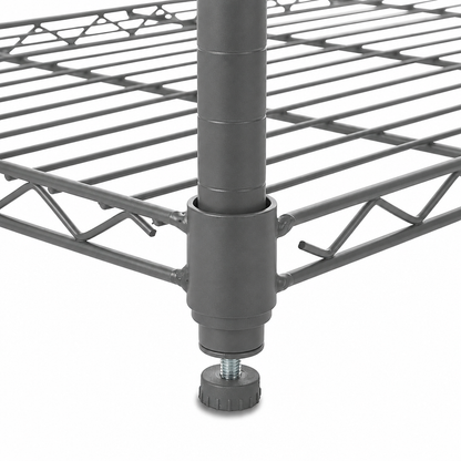 Close-up of a carbon grey metal wire storage shelf leg with a threaded leveling foot on a white background