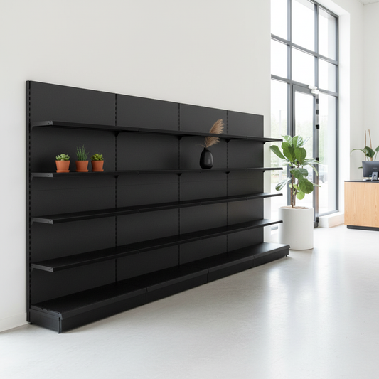 Black retail wall shelving unit lifestyle shot in a retail shop