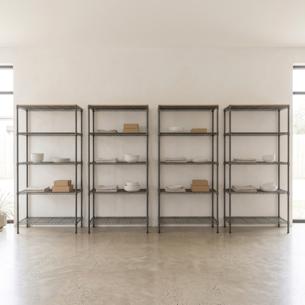 Four static five-tier carbon grey wire shelving units in a retail setting