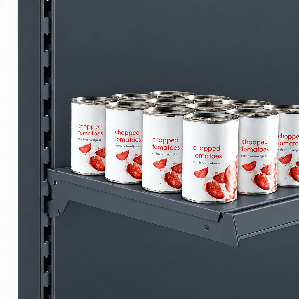 Dark grey shelf, upright and back panels with canned goods. Merchandise not included.
