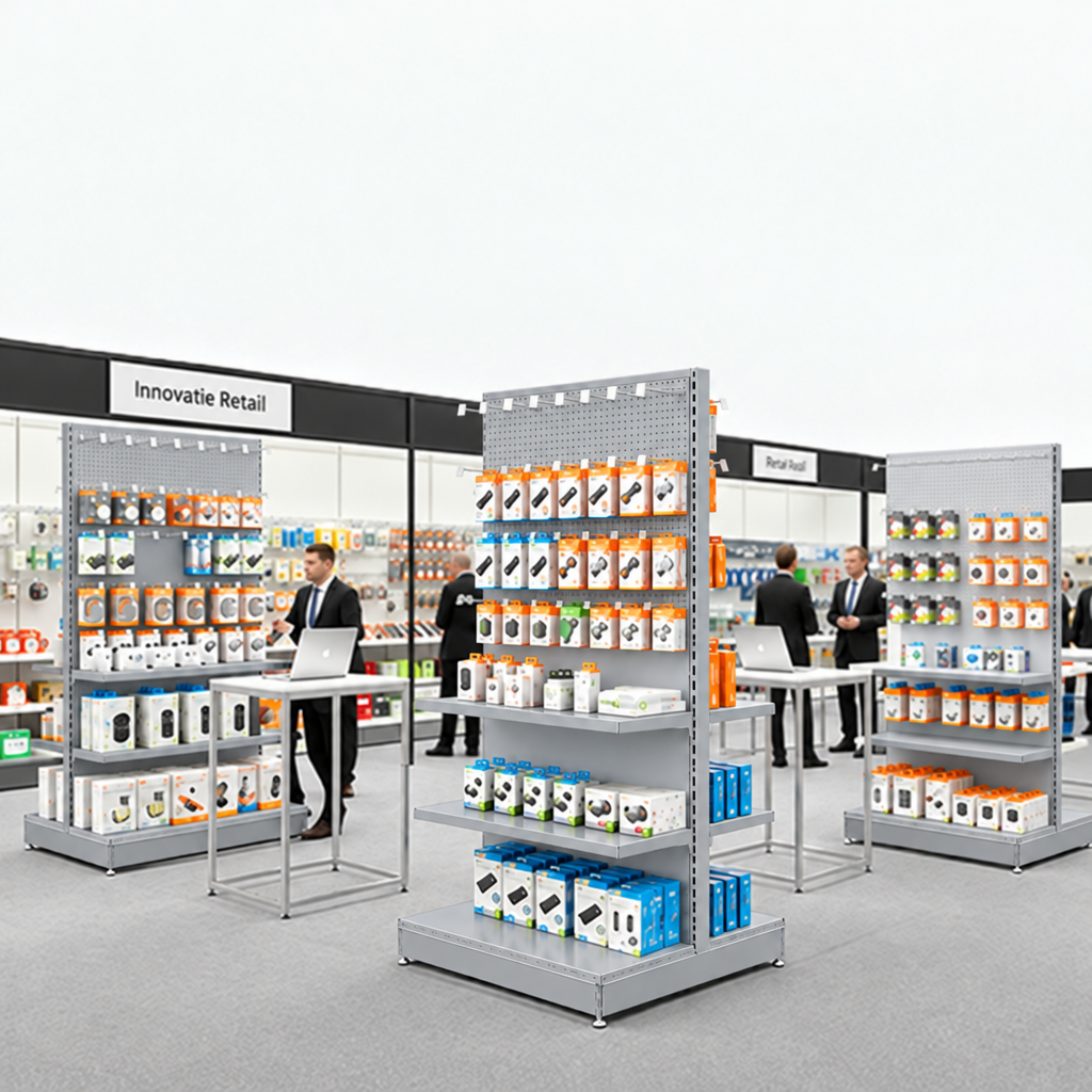 Silver trade gondola with upper pegboard panels and smooth lower back panels at exhibition