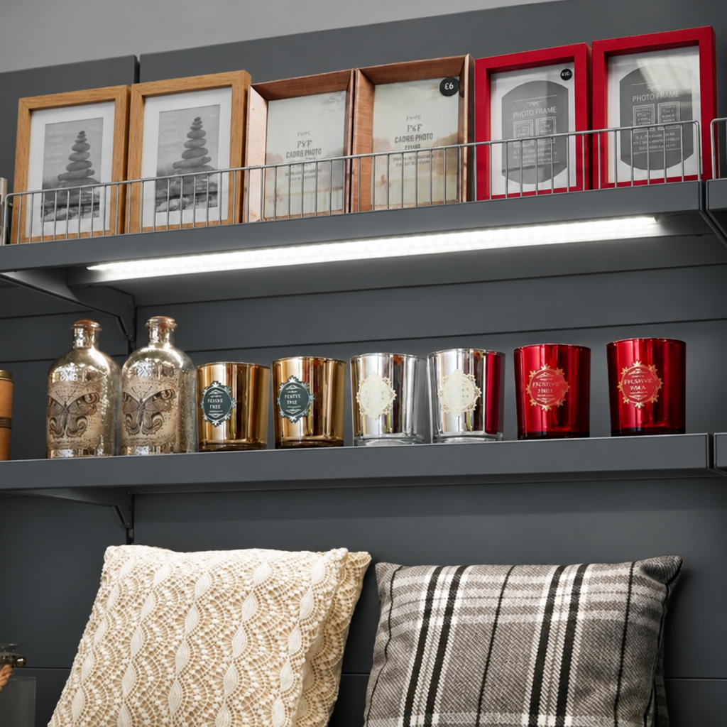 Dark grey shelving merchandise display detail