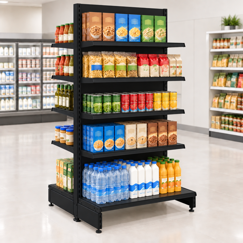 Black RAL 9005 gondola shelving with one base shelf and four upper shelves on each side, displaying groceries.