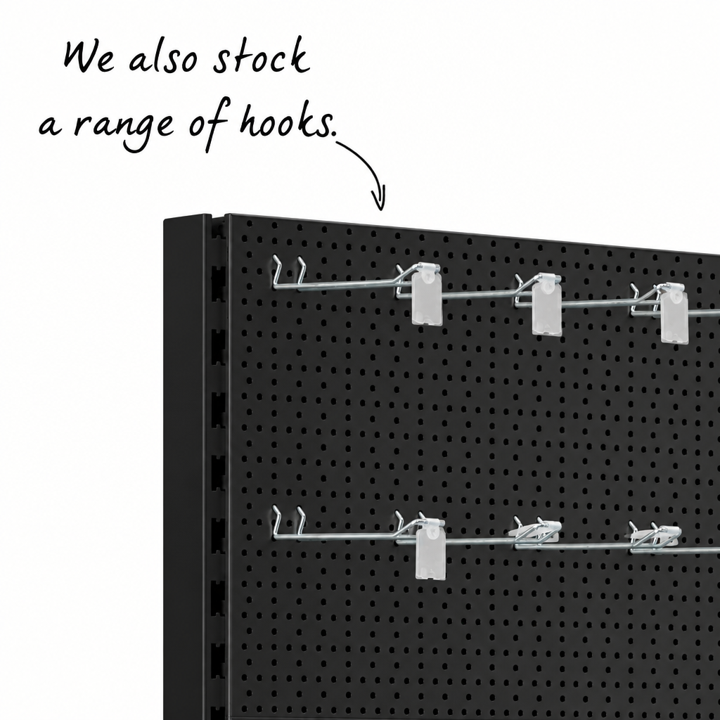 Black perforated back panel with metallic display hooks