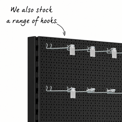 Black perforated back panel with metallic display hooks