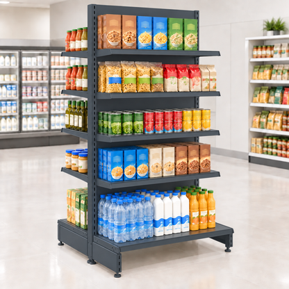 Dark Grey RAL 7015 gondola shelving with one base shelf and four upper shelves per side in a convenience store.