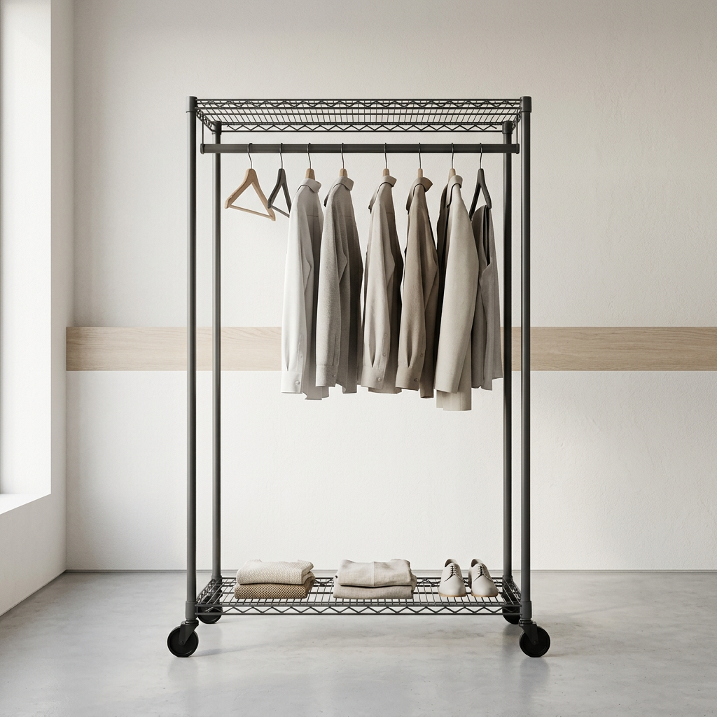 Mobile carbon grey wire clothes rack displaying clothing in a boutique