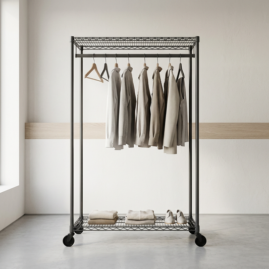 Mobile carbon grey wire clothes rack displaying clothing in a boutique