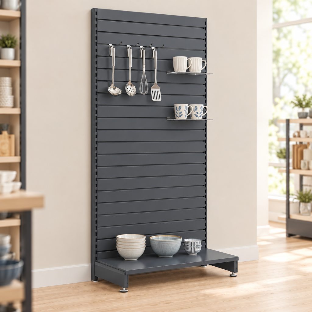 Dark Grey RAL 7015 slatwall wall unit in a kitchenware shop, with optional accessories and separately supplied end-of-run leg.