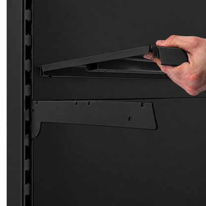 Black shelf assembly with matching black back panel and upright