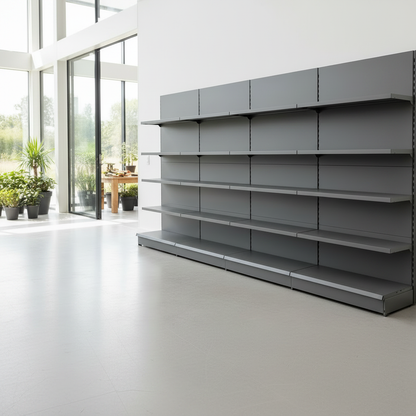 Dark grey retail wall shelving unit in a retail shop lifestyle setting
