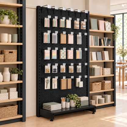 Lifestyle illustration of black perforated retail shelving in a stationery shop. Merchandise, adjoining shelving and end-of-run support not included.