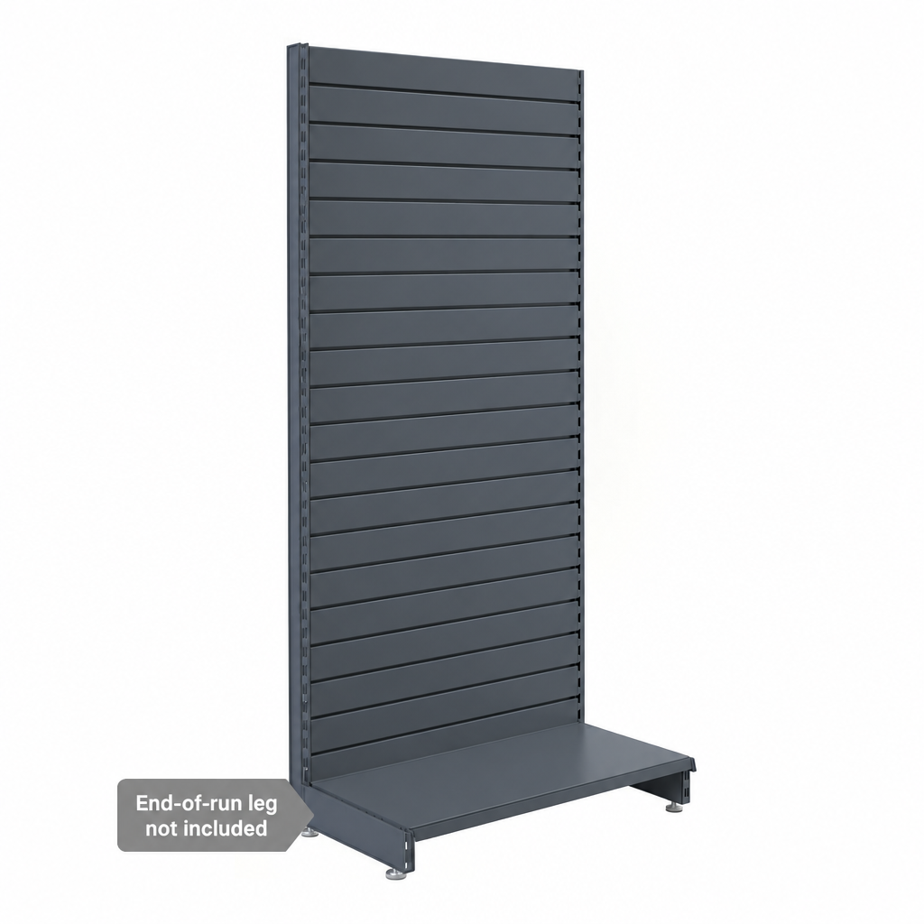Dark Grey RAL 7015 slatwall wall unit with base shelf; end-of-run leg shown is sold separately.
