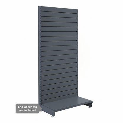 Dark Grey RAL 7015 slatwall wall unit with base shelf; end-of-run leg shown is sold separately.