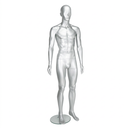 Candor 03 gloss-silver male mannequin on a glass base against a white background