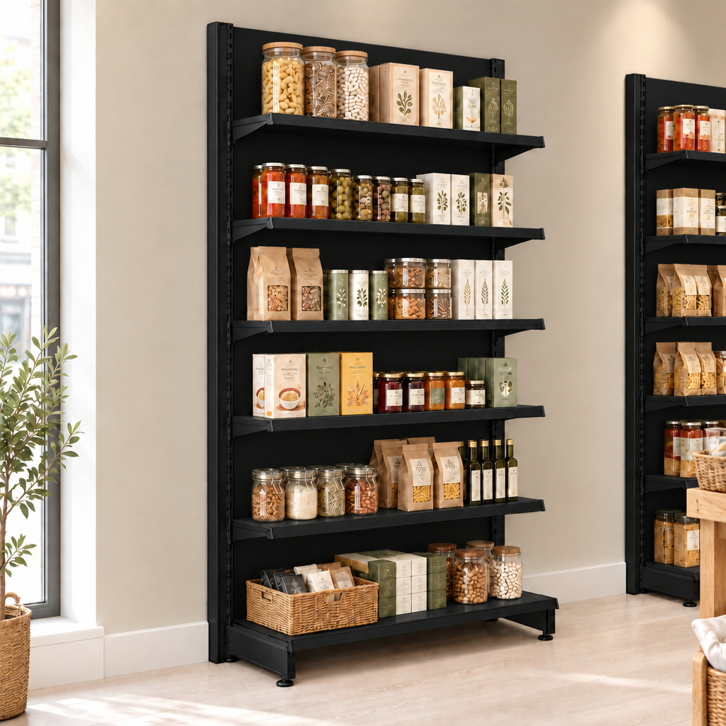 Lifestyle illustration of solid black shelving units including black back panels in a modern grocery shop. Merchandise, adjoining bays and end-of-run support not included.