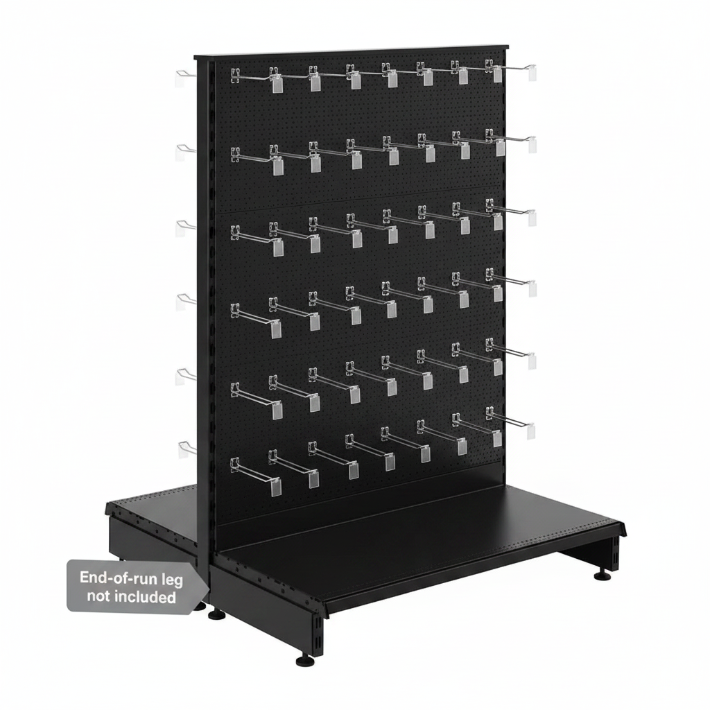 Black modular gondola unit with perforated back panels and eurohooks