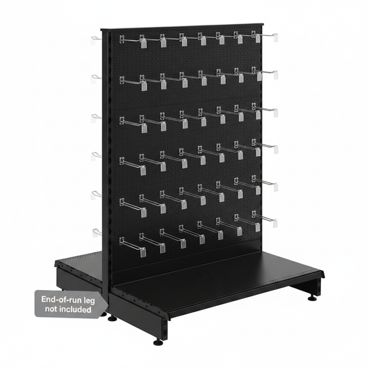 Black modular gondola unit with perforated back panels and eurohooks