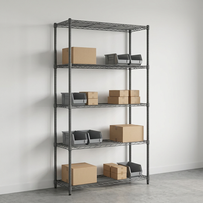 Five-tier narrow carbon grey wire shelving with shallow shelves in a stockroom