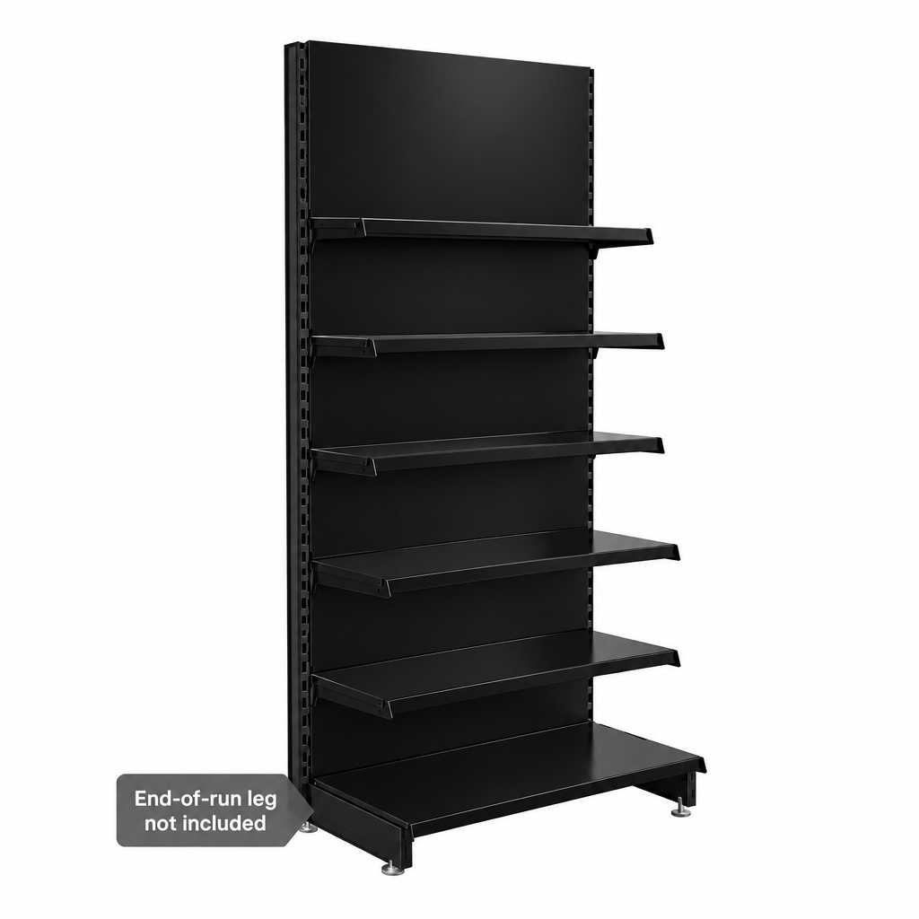 Solid black retail shelving including black back panels, five upper shelves and base shelf. End-of-run leg not included.