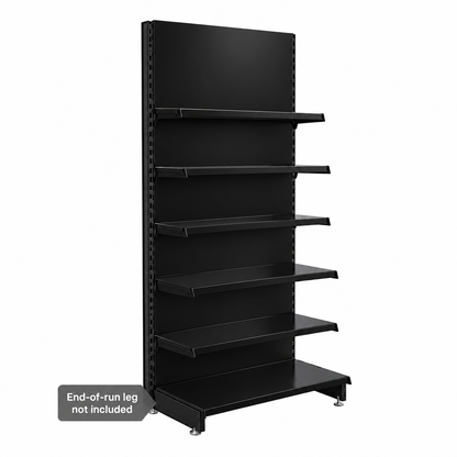 Solid black retail shelving including black back panels, five upper shelves and base shelf. End-of-run leg not included.