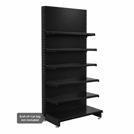Solid black retail shelving including black back panels, five upper shelves and base shelf. End-of-run leg not included.