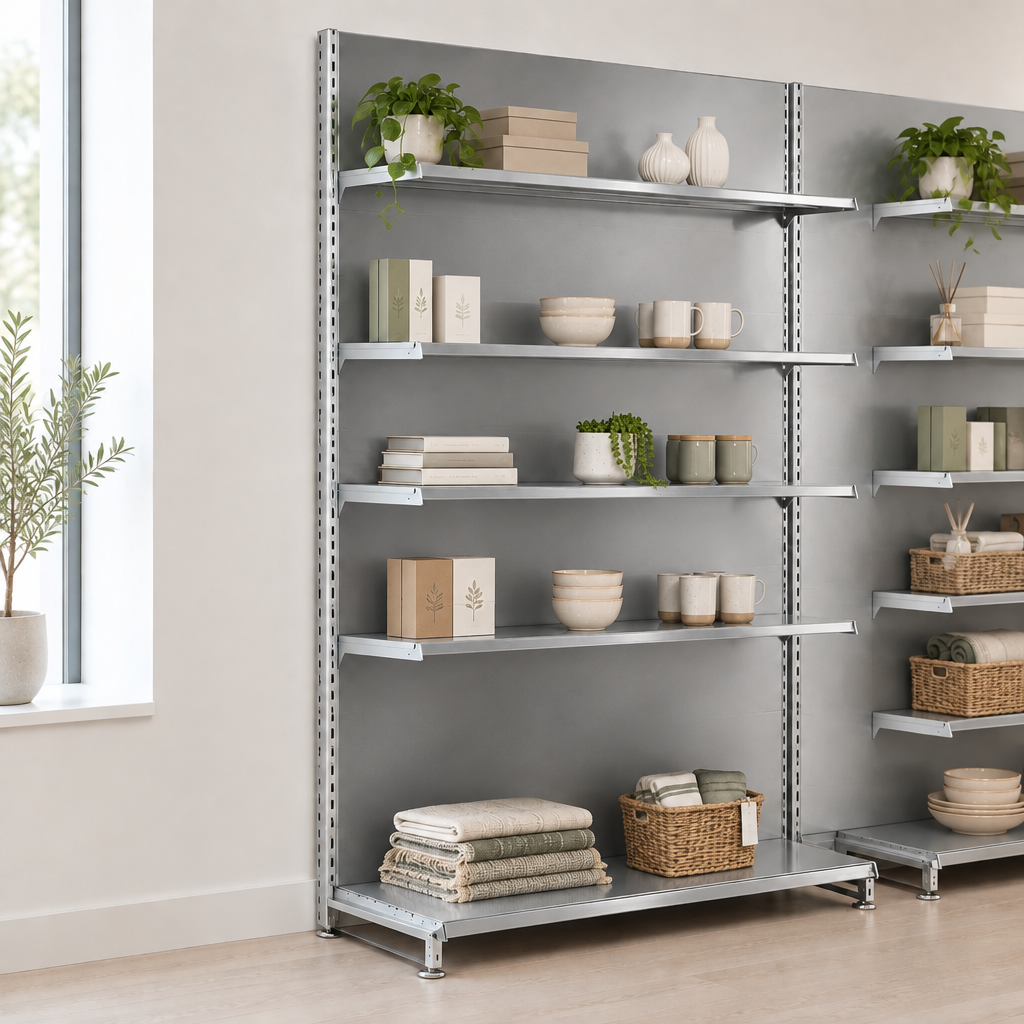 Silver retail wall shelving with four upper shelves and a base shelf displaying homewares in a shop