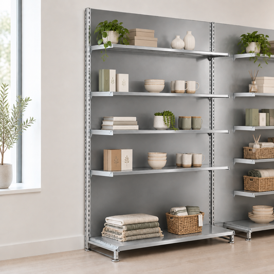 Silver retail wall shelving with four upper shelves and a base shelf displaying homewares in a shop