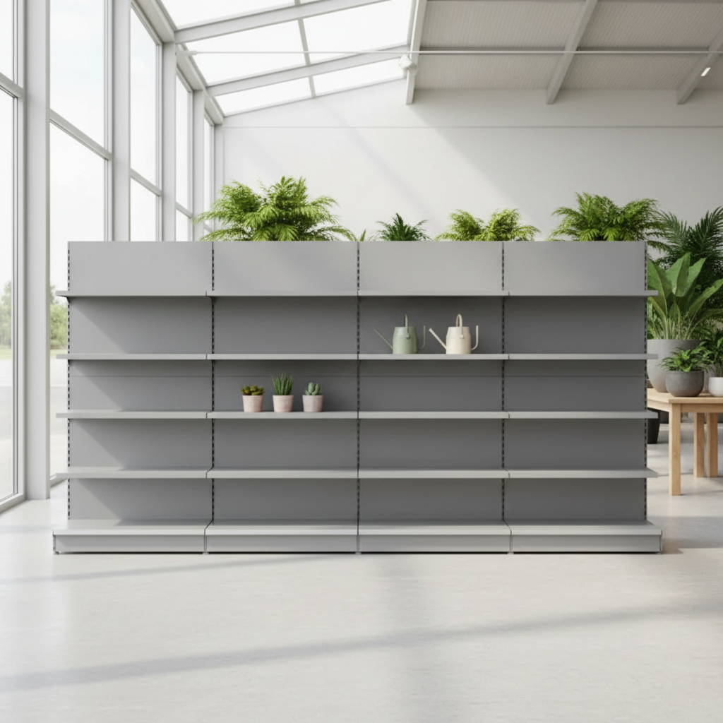 Silver retail wall shelving unit lifestyle shot in a retail shop