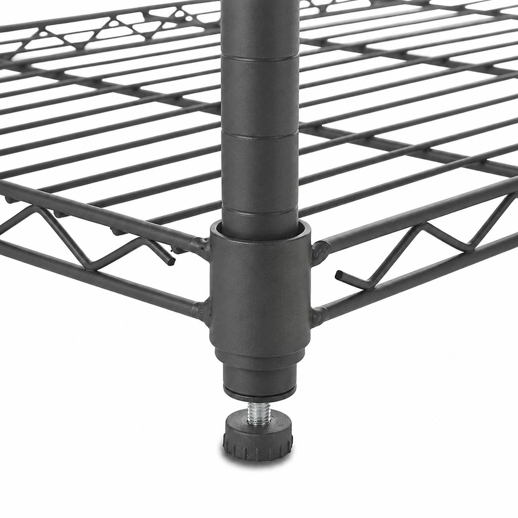 Close-up of a carbon grey wire shelf leg with a threaded levelling foot on a white background.