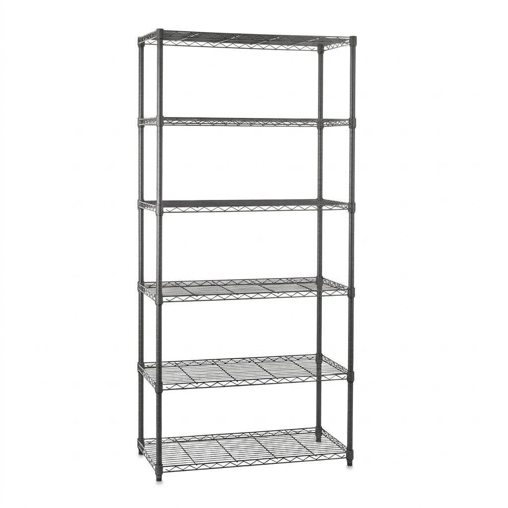 Six-tier narrow carbon grey wire shelving unit on white