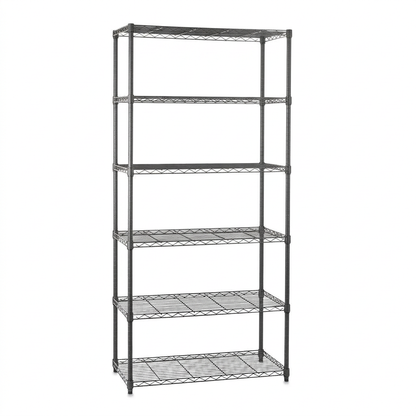 Six-tier narrow carbon grey wire shelving unit on white