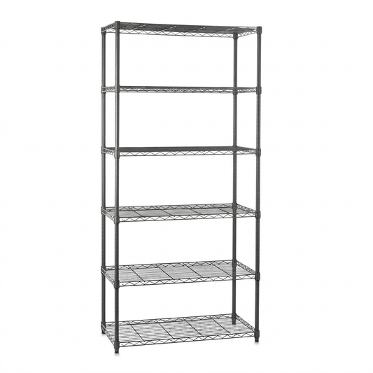Six-tier narrow carbon grey wire shelving unit on white
