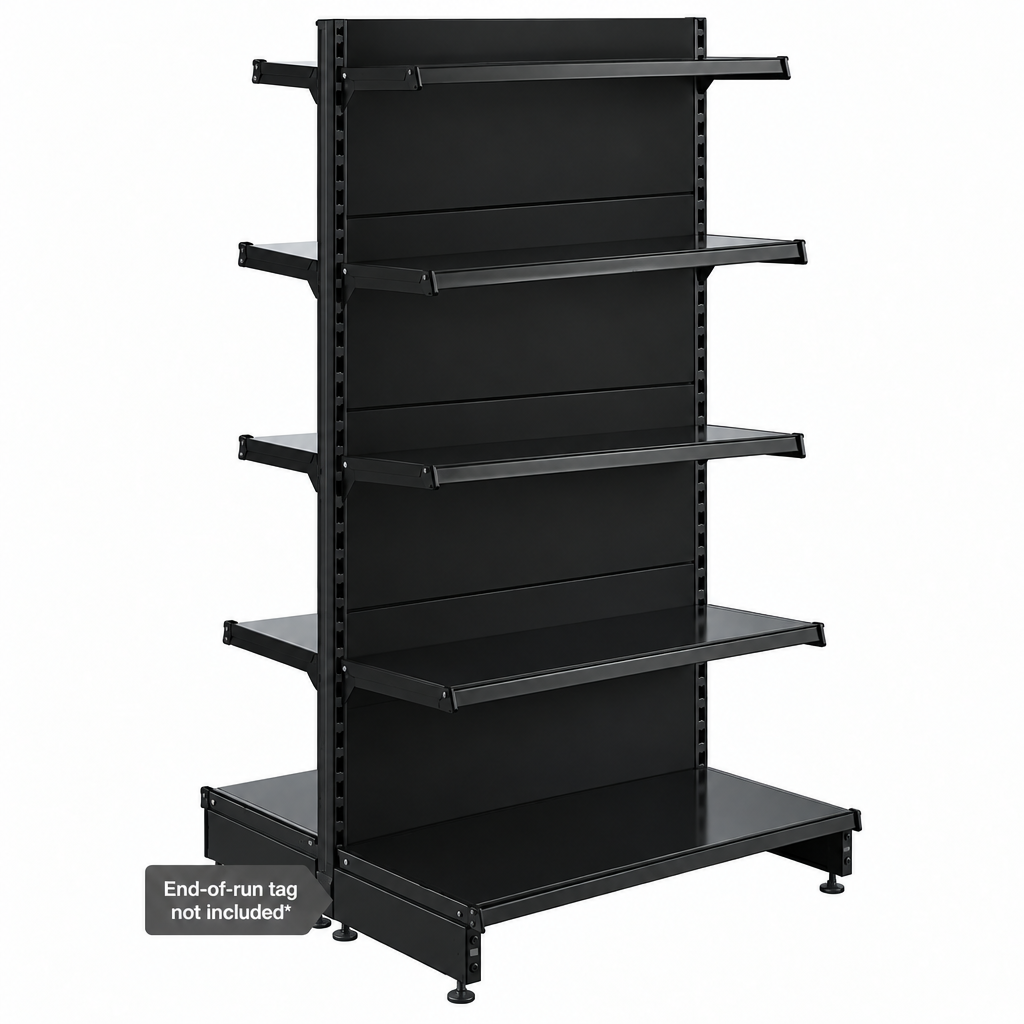 Black RAL 9005 modular gondola shelving product view.