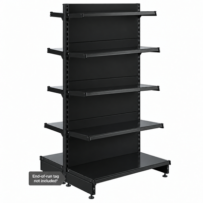 Black RAL 9005 modular gondola shelving product view.