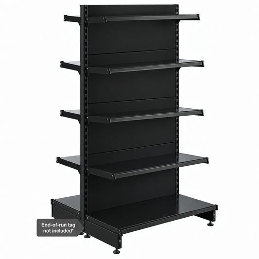 Black RAL 9005 modular gondola shelving product view.