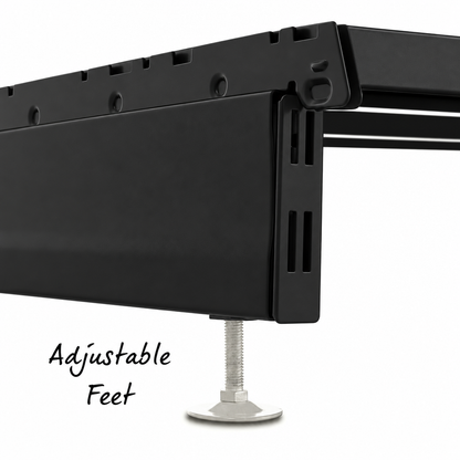 Black shelving base and metallic adjustable foot