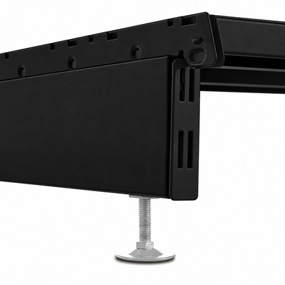 Black base leg and metallic adjustable foot detail.