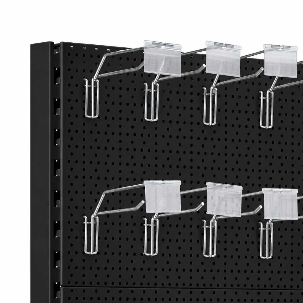 Black perforated back panels with silver hooks and clear ticket holders
