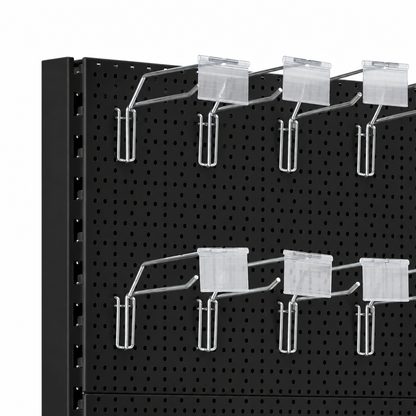 Black perforated back panels with silver hooks and clear ticket holders
