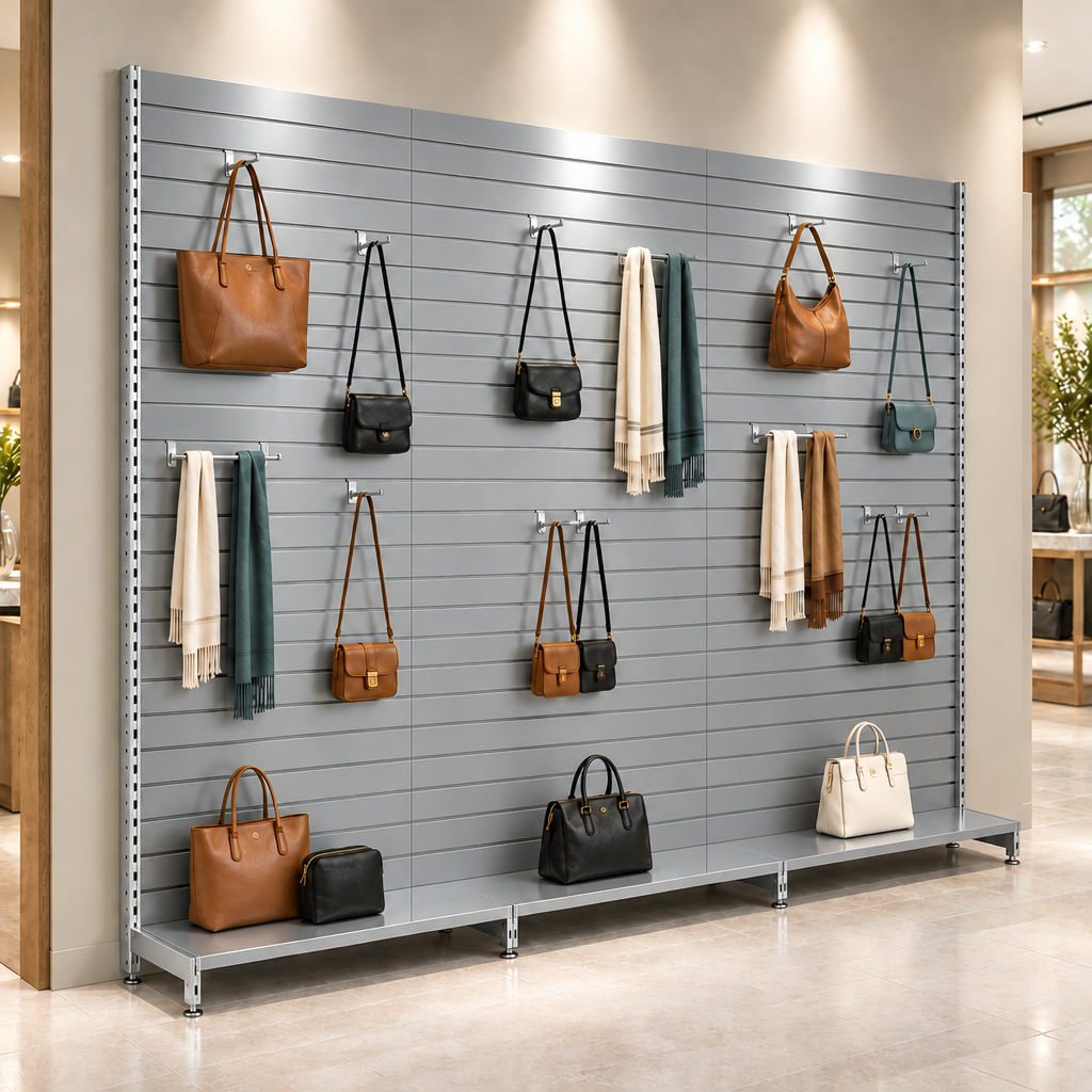 Silver slatwall department-store display with subtle vertical seam lines between three connected bays, displaying handbags and scarves