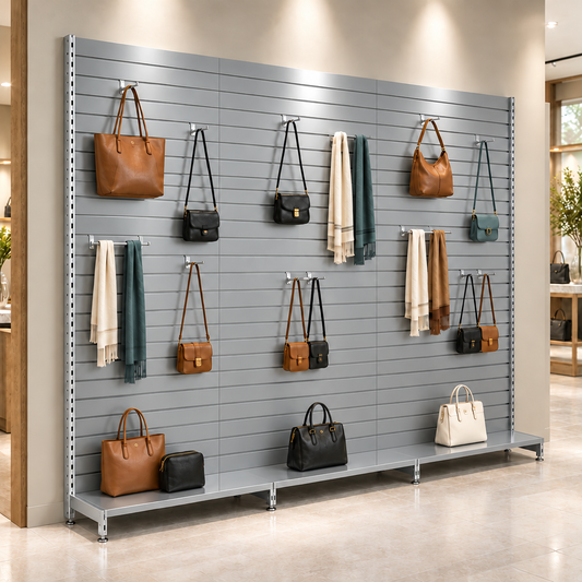 Silver slatwall department-store display with subtle vertical seam lines between three connected bays, displaying handbags and scarves
