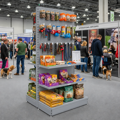 Silver double-sided gondola displaying pet products at an exhibition