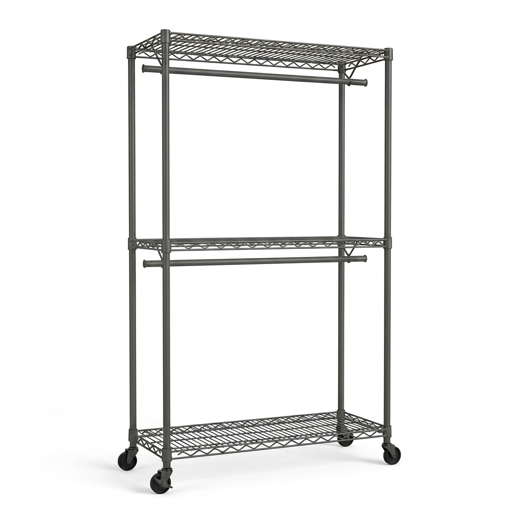 Mobile carbon grey wire clothes rack with two hanging rails and three shelves on white