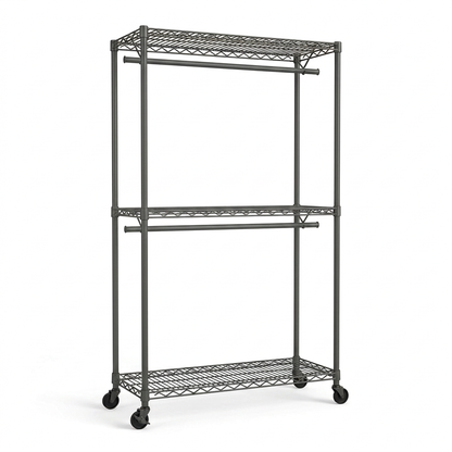 Mobile carbon grey wire clothes rack with two hanging rails and three shelves on white