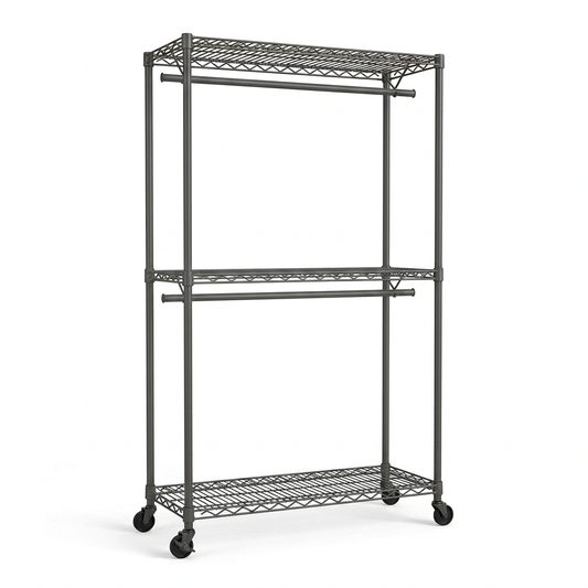 Mobile carbon grey wire clothes rack with two hanging rails and three shelves on white