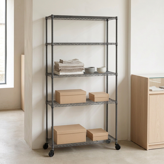Five-tier narrow mobile carbon grey wire shelving displaying textiles, ceramics and boxes in a minimal retail setting