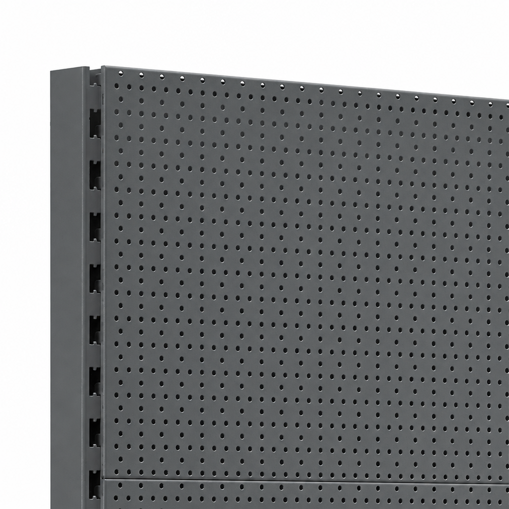 Dark Grey perforated back panel and slotted upright detail