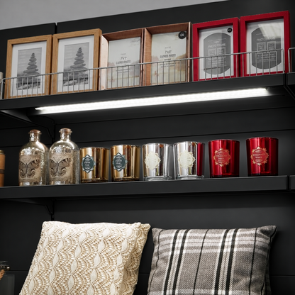 Black shelving merchandise display detail